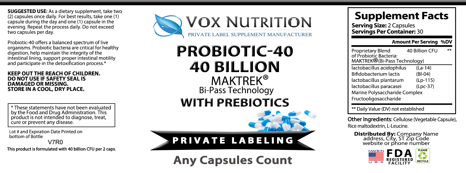 Private Label Probiotic 40 Billion Vitamin Supplement Vox Nutrition